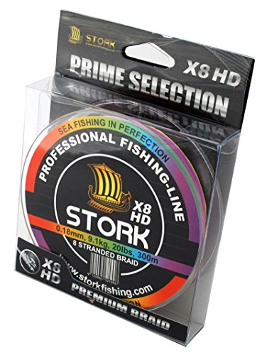 Stork HDx8, 8-Fach geflochtene premium Angelschnur 300m (Multicolor, 40 lbs / 18.1 kg / 0.28 mm) von Stork