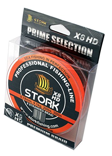 Stork HDx8, 8-Fach geflochtene premium Angelschnur 300m (Orange, 40 lbs / 18.1 kg / 0.28 mm) von Stork