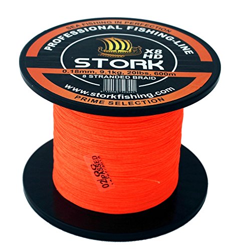 Stork HDx8, 8-Fach geflochtene premium Angelschnur 600m (Orange, 20 lbs / 9.1 kg / 0.18 mm) von Stork