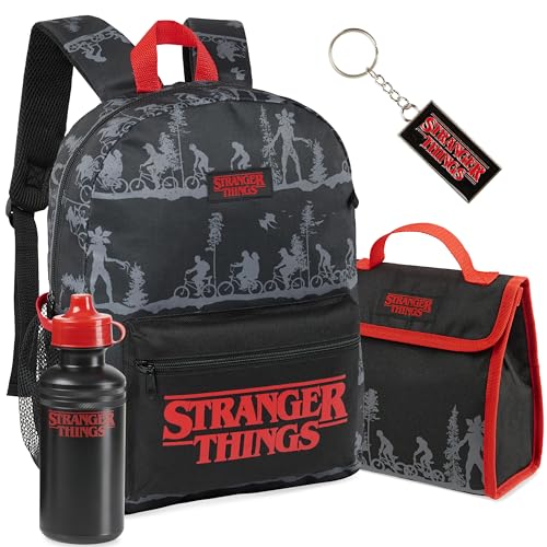 Stranger Things Rucksack Kinder Teenager Schulrucksack Set mit Trinkflasche Schlüsselanhänger Lunchtasche Schule Freizeit von Stranger Things