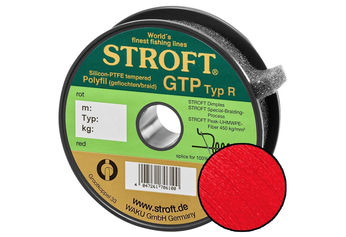 Stroft Angelschnur STROFT GTP Typ R Geflochtene Angelschnur 125m rot, 125 m Länge, 0.22 mm Fadendurchmesser, (1-St), 9.0kg Tragkraft von Stroft