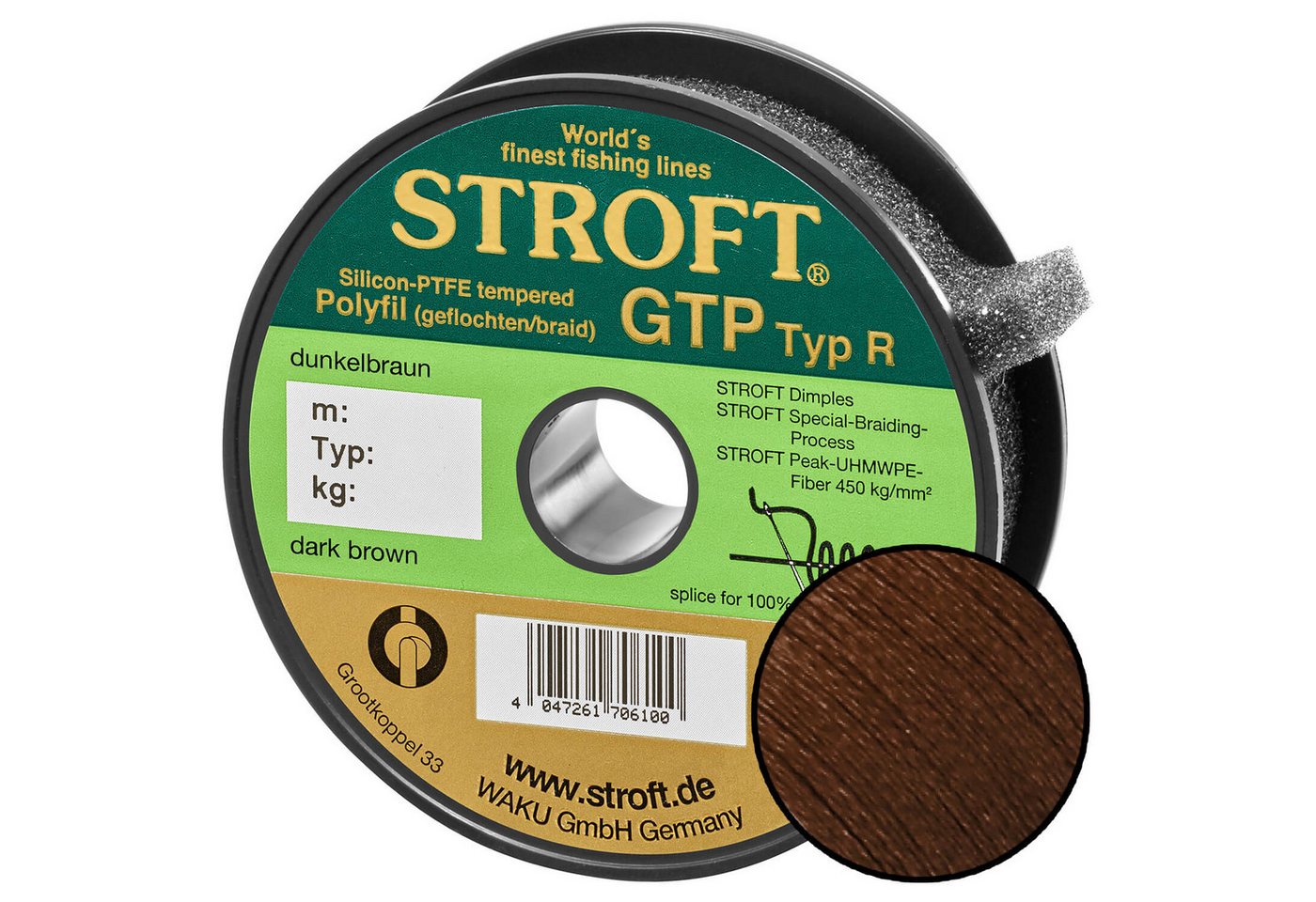 Stroft Angelschnur STROFT GTP Typ R Geflochtene Angelschnur 150m dunkelbraun, 150 m Länge, 0.20 mm Fadendurchmesser, (1-St), 7kg Tragkraft von Stroft