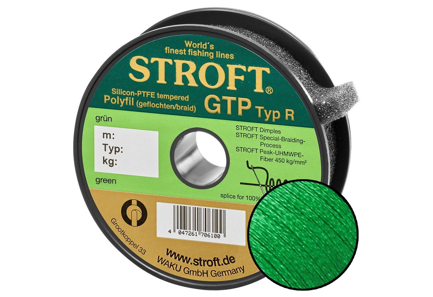 Stroft Angelschnur STROFT GTP Typ R Geflochtene Angelschnur 150m grün, 150 m Länge, 0.22 mm Fadendurchmesser, (1-St), 9.0kg Tragkraft von Stroft