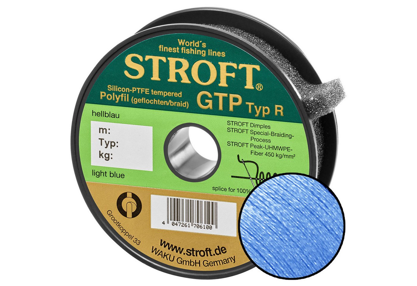 Stroft Angelschnur STROFT GTP Typ R Geflochtene Angelschnur 150m hellblau, 150 m Länge, 0.25 mm Fadendurchmesser, (1-St), 11kg Tragkraft von Stroft