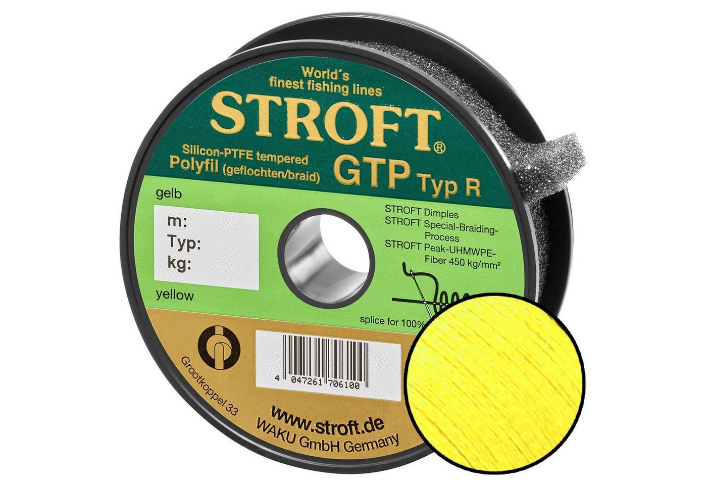 Stroft Angelschnur STROFT GTP Typ R Geflochtene Angelschnur 300m gelb, 300 m Länge, 0.20 mm Fadendurchmesser, (1-St), 7.0kg Tragkraft von Stroft