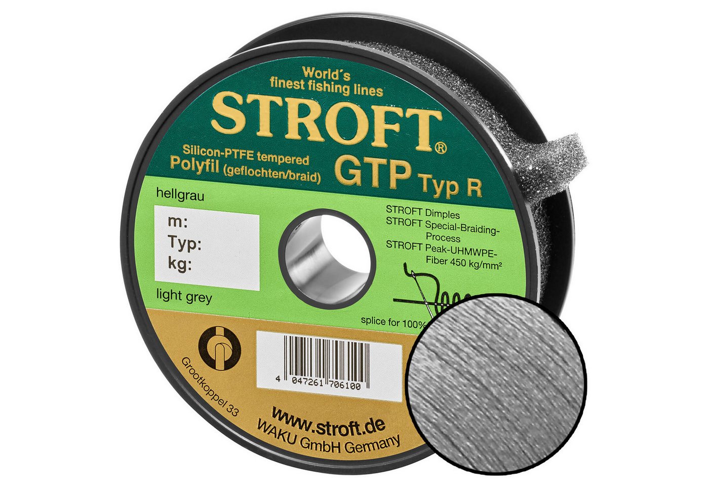 Stroft Angelschnur STROFT GTP Typ R Geflochtene Angelschnur 300m hellgrau, 300 m Länge, 0.22 mm Fadendurchmesser, (1-St), 9kg Tragkraft von Stroft