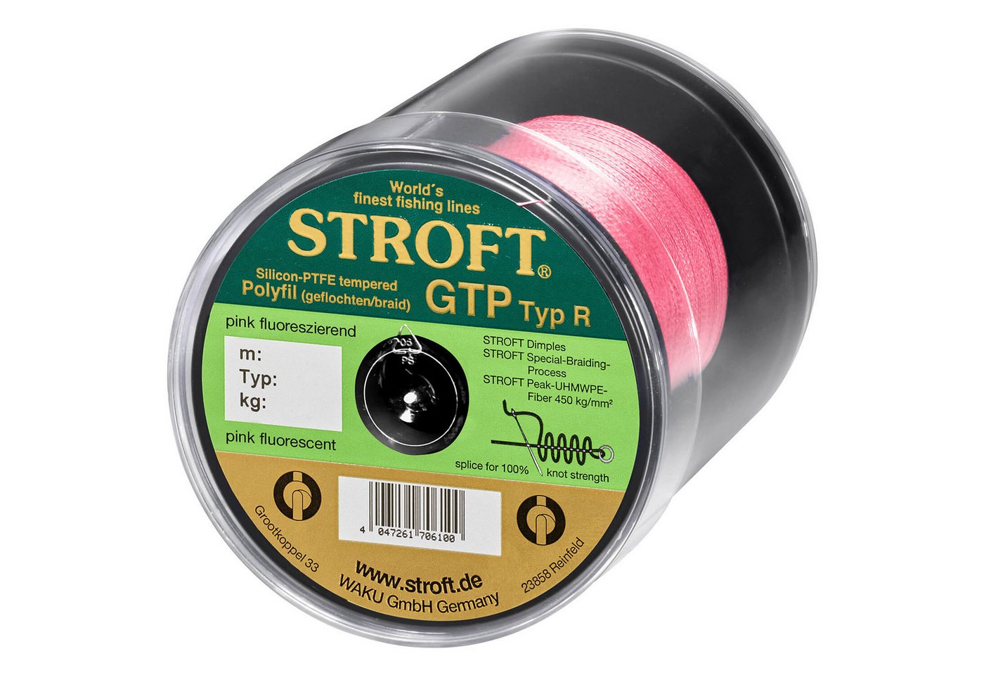 Stroft Angelschnur STROFT GTP Typ R Geflochtene Angelschnur 600m pink fluor, 600 m Länge, 0.22 mm Fadendurchmesser, (1-St), 9kg Tragkraft von Stroft