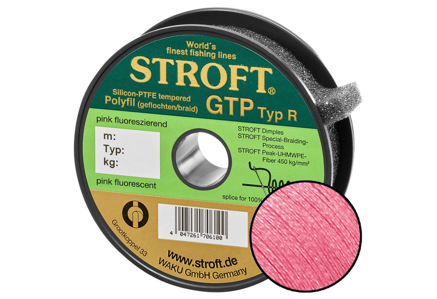 Stroft Angelschnur Schnur STROFT GTP Typ R Geflochtene 100m pink fluor, 100 m Länge, 0.18 mm Fadendurchmesser, (1-St), 5,5kg Tragkraft von Stroft