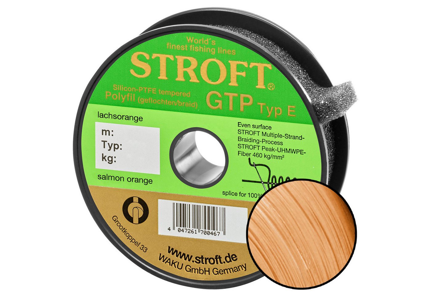 Stroft Angelschnur Stroft Schnur GTP Typ E geflochten lachsorange 100m, 100 m Länge, 0.22 mm Fadendurchmesser, (1-St), 9.5kg Tragkraft von Stroft