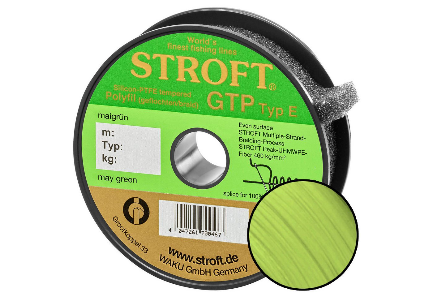 Stroft Angelschnur Stroft Schnur GTP Typ E geflochten maigrün 150m, 150 m Länge, 0.22 mm Fadendurchmesser, (1-St), 9,5kg Tragkraft von Stroft