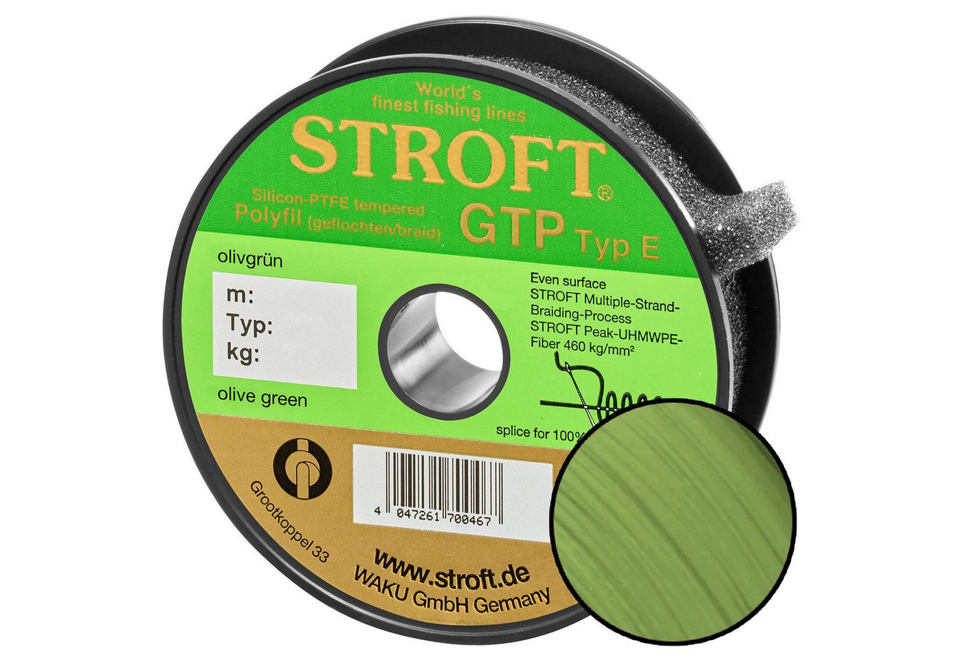 Stroft Angelschnur Stroft Schnur GTP Typ E geflochten olivgrün 100m, 100 m Länge, 0.28 mm Fadendurchmesser, (1-St), 15kg Tragkraft von Stroft