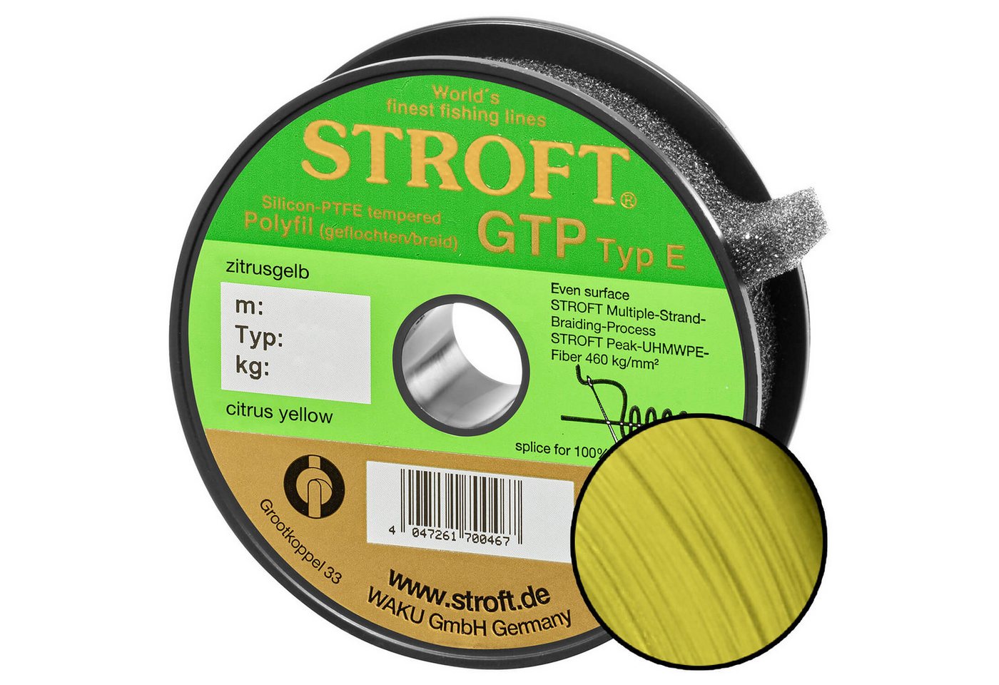 Stroft Angelschnur Stroft Schnur GTP Typ E geflochten zitrusgelb 100m, 100 m Länge, 0.13 mm Fadendurchmesser, (1-St), 4,25kg Tragkraft von Stroft