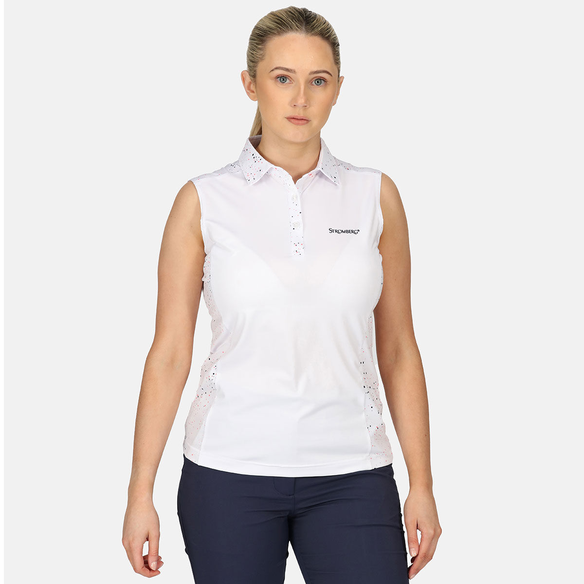 Stromberg Womens Splatter Print Sleeveless Golf Polo Shirt, Female, White, 8 | American Golf von Stromberg