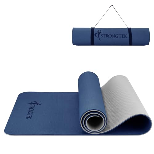 Strongtek Extra dicke Yogamatte, 8 mm, doppelseitige rutschfeste Gymnastikmatte, Fitnessmatte mit Tragegurt für Pilates und Bodenübungen (Blau) von StrongTek