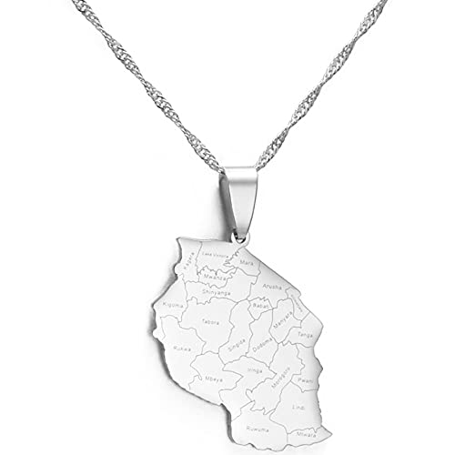 Stylish-Art Tansania Map Pendant Necklaces,African Tansanians Map with Cities Name Pattern Amulett Necklace,Unisex Hip Hop Fashion Style Party, Silber,45Cm Kette von Stylish-Art