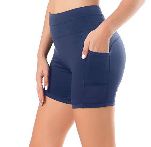 Sudawave Damen Mesh Radlerhose Kurze Leggings Yogahose Sporthose Shorts mit Taschen für Fitness (Dunkel Blau, X-Large) von Sudawave