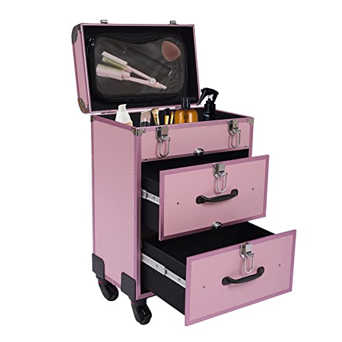 Koffer Mit Kosmetikkoffer Trolley Groß Kosmetikkoffer, Kosmetikkoffer Rolling Make-up Fall, 3-Schichten, Mit Universal Wheel, Tragfähigkeit bis zu 110.3 kg, Pink von SuhoFutus