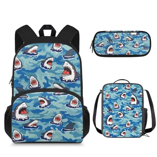 Suhoaziia 3-in-1-Schultaschen-Rucksack mit Lunchtasche und Federmäppchen, für Jungen und Mädchen, Laptop-Tasche, Reiserucksack, Studententasche, 3-in-1, Cartoon-Haie, Tagesrucksack von Suhoaziia