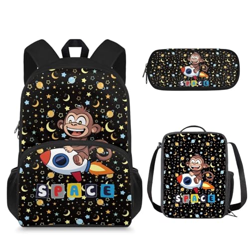 Suhoaziia 3-in-1-Schultaschen-Rucksack mit Lunchtasche und Federmäppchen, für Jungen und Mädchen, Laptop-Tasche, Reiserucksack, Studententasche, 3-in-1, Space Monkey, Tagesrucksack von Suhoaziia