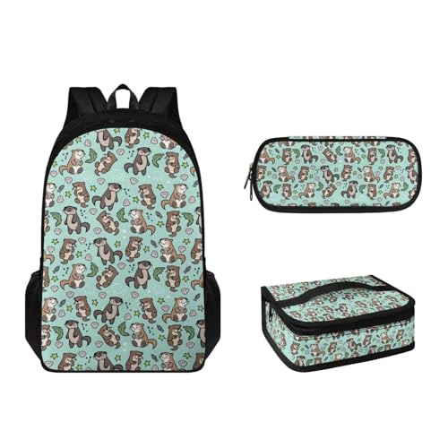 Suhoaziia 3-teiliges Rucksack-Set mit Lunchbox und Federmäppchen, für Grundschulen, Studenten, Büchertasche, leichte Laptoptasche für Mädchen, Jungen, Kinder, Teenager, Otterfisch, Tagesrucksäcke von Suhoaziia