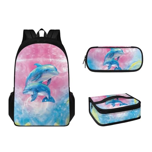 Suhoaziia 3-teiliges Rucksack-Set mit Lunchbox und Federmäppchen, für Grundschulen, Studenten, Büchertasche, leichte Laptoptasche für Mädchen, Jungen, Kinder, Teenager, Süße Delfine, Tagesrucksäcke von Suhoaziia