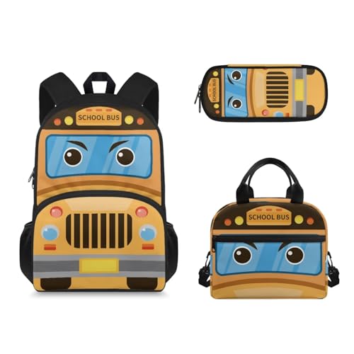 Suhoaziia 3-teiliges Rucksack-Set mit Lunchbox und Federmäppchen, für Mädchen und Jungen, leichte Schultasche, Gelber Schulbus, Tagesrucksäcke von Suhoaziia