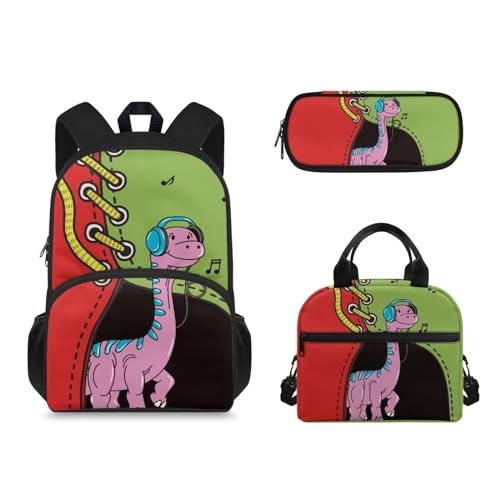 Suhoaziia 3-teiliges Rucksack-Set mit Lunchbox und Federmäppchen, für Mädchen und Jungen, leichte Schultasche, Musik-Dinosaurier-Druck, Tagesrucksack von Suhoaziia