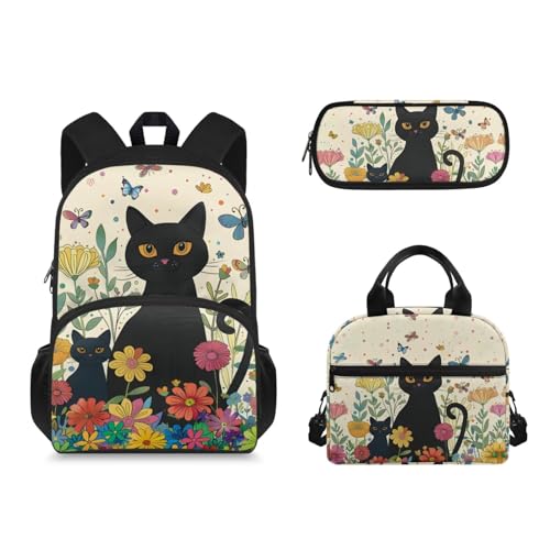 Suhoaziia 3-teiliges Rucksack-Set mit Lunchbox und Federmäppchen, für Mädchen und Jungen, leichte Schultasche, Schwarze Katze mit Blumenmuster, Tagesrucksäcke von Suhoaziia