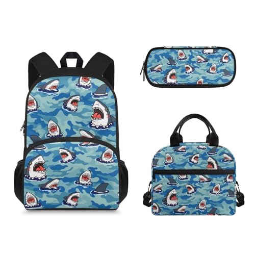 Suhoaziia 3-teiliges Schulrucksack-Set mit Lunch-Tasche und Federmäppchen für Grundschulschüler, Cartoon-Haie, Tagesrucksäcke von Suhoaziia