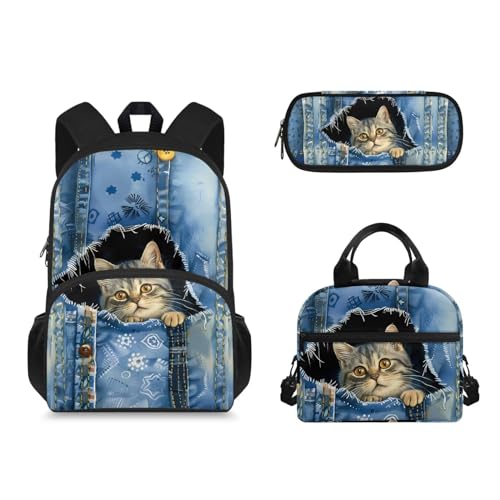 Suhoaziia 3-teiliges Schulrucksack-Set mit Lunch-Tasche und Federmäppchen für Grundschulschüler, Niedliche Denim-Katze, Tagesrucksäcke von Suhoaziia