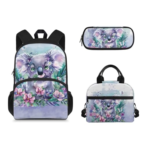 Suhoaziia 3-teiliges Schulrucksack-Set mit Lunch-Tasche und Federmäppchen für Grundschulschüler, Violettes Koala-Blumenmuster, Tagesrucksäcke von Suhoaziia