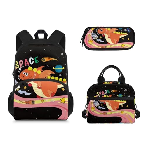 Suhoaziia 3-teiliges Schulrucksack-Set mit Lunch-Tasche und Federmäppchen für Grundschulschüler, Weltraum-Dinosaurier, Tagesrucksäcke von Suhoaziia