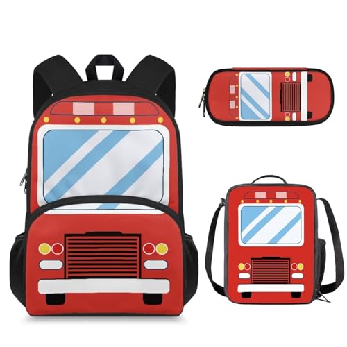 Suhoaziia 3-teiliges Set Schulrucksack mit isolierter Lunchtasche & Federmäppchen, Jungen Mädchen Große Schülertaschen, Roter Schulbus, Tagesrucksäcke von Suhoaziia
