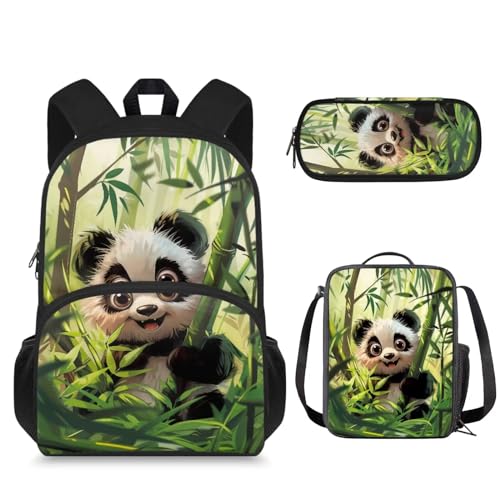 Suhoaziia 3-teiliges Set Schulrucksack mit isolierter Lunchtasche und Federmäppchen, für Jungen und Mädchen, große Schülertaschen, Cartoon Panda, Tagesrucksack von Suhoaziia