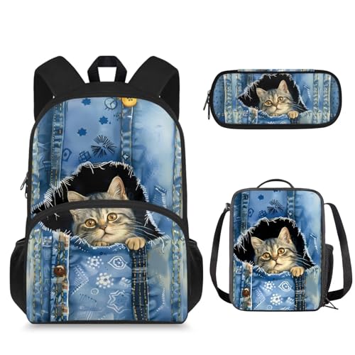 Suhoaziia 3-teiliges Set Schulrucksack mit isolierter Lunchtasche und Federmäppchen, für Jungen und Mädchen, große Schülertaschen, Niedliche Denim-Katze, Tagesrucksack von Suhoaziia