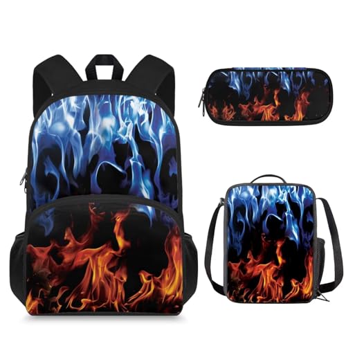 Suhoaziia 3-teiliges Set Schulrucksack mit isolierter Lunchtasche und Federmäppchen, für Jungen und Mädchen, große Schülertaschen, Wasserfeuer-Flamme, Tagesrucksack von Suhoaziia