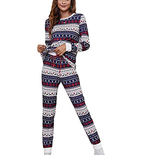 SumLeiter Schlafanzug Damen Rundhals Lang Pyjama Set Winter Zweiteiliges Set Hausanzug Weihnachten Langarm Nachtwäsche mit Karierte Schlafanzughose Lockere Sleepwear Soft Loungewear Freizeitanzug von SumLeiter