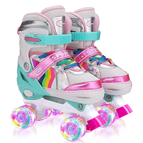 Sumeber Verstellbar Rollschuhe für Kinder,mit Leuchtenden Rädern Roller Skates Bequem und atmungsaktiv Quad Skates für Mädchen Rosa (S（30-34)… von Sumeber