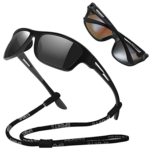 Polarisierte Sonnenbrille Herren Damen Retro Sonnenbrille mit Gurt Outdoor Sport Sonnenbrille Eyewear zum Fahren Radfahren Angeln Schwarz Fahrradbrille Herren Sport-Sonnenbrille für Herren von SunaOmni