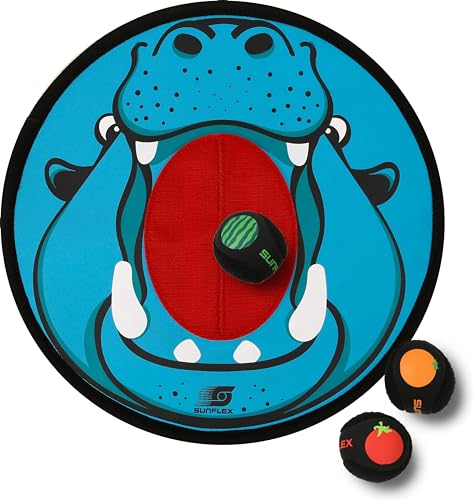 Sunflex® Hippo Toss | Zielscheibe mit 3 Klettwurfbällen | Klettscheibe mit Schlaufe zum Aufhängen | Wurfspiel für Indoor & Outdoor | Kinder Lernen spielend Zielen & Werfen von Sunflex