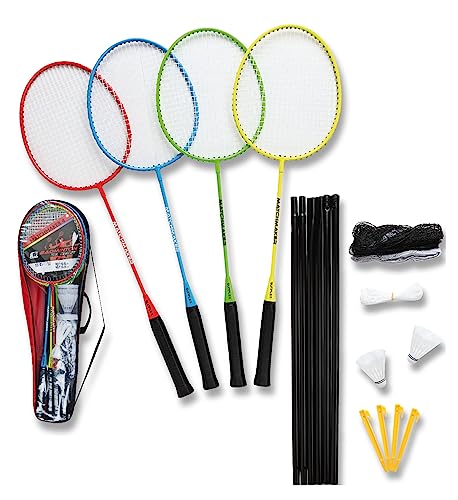 Sunflex Badminton Set Matchmaker 4 | mit hochwertigen Schlägern, Federbällen, Netz mit Pfosten & Tragetasche | Perfekt für spannende Machtes & ultimativen Freizeitspaß von Sunflex