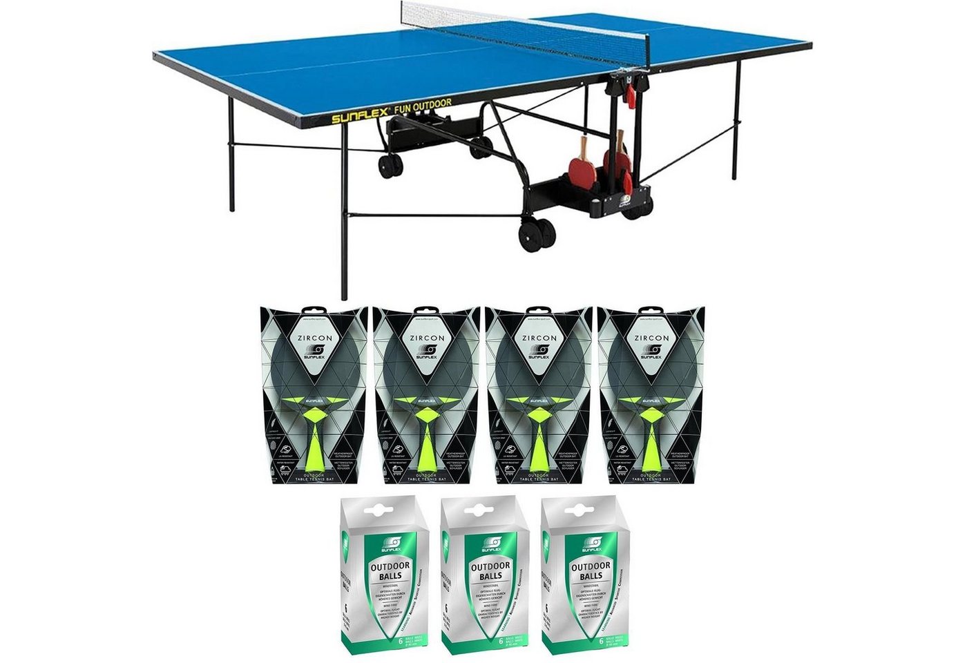 Sunflex Tischtennisplatte Outdoor blau + Netz + Schläger + Bälle von Sunflex