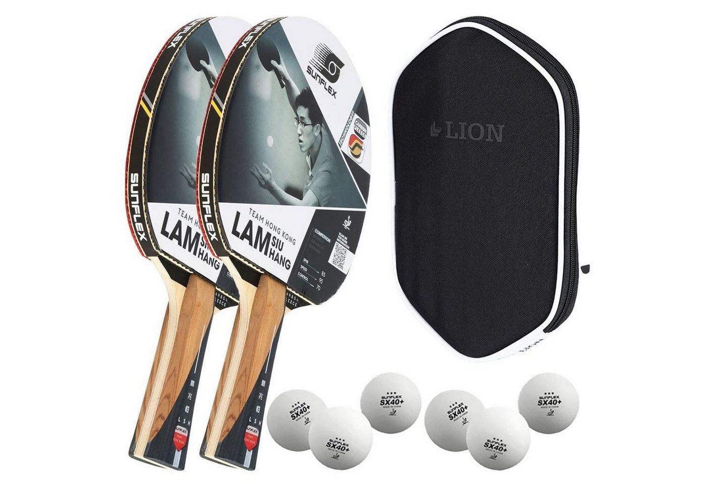 Sunflex Tischtennisschläger 2x LAM SIU HANG + Tischtennishülle + 6x SX+ Bälle, Tischtennis Schläger Set Tischtennisset Table Tennis Bat Racket von Sunflex