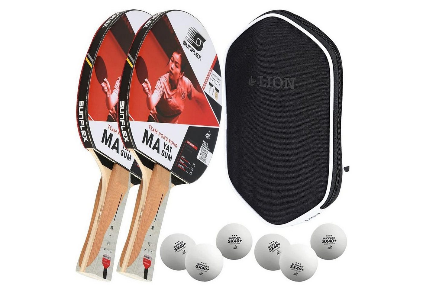 Sunflex Tischtennisschläger 2x MA YAT SUM + Tischtennishülle + 6x SX+ Bälle, Tischtennis Schläger Set Tischtennisset Table Tennis Bat Racket von Sunflex