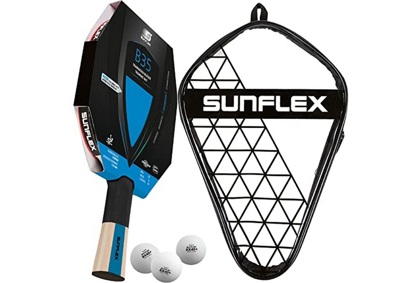 Sunflex Tischtennisschläger B35 + Tischtennishülle Single + 3*** ITTF SX40+ Tischtennisbälle, Tischtennis Schläger Set Tischtennisset Table Tennis Bat Racket von Sunflex