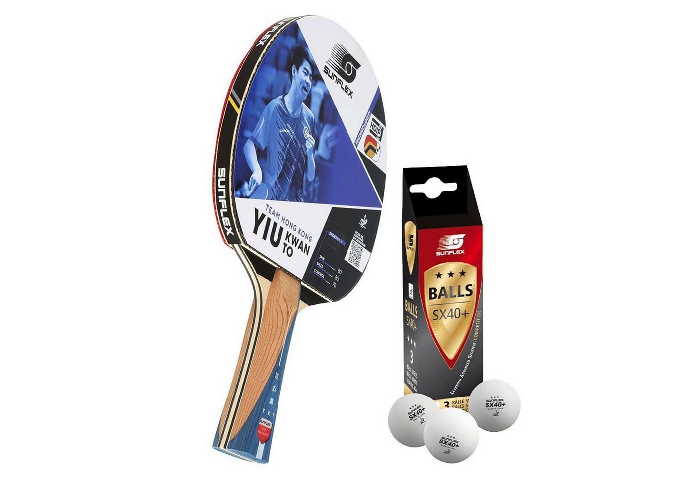 Sunflex Tischtennisschläger TEAM YIU KWAN TO + 3x SX+ Bälle, Tischtennis Schläger Set Tischtennisset Table Tennis Bat Racket von Sunflex