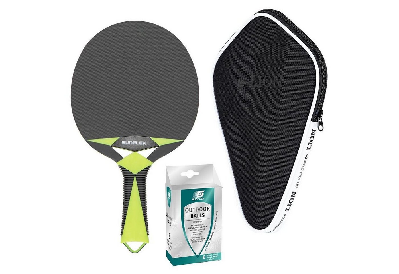 Sunflex Tischtennisschläger Zircon Outdoor + Hülle + 6x Outdoor Bälle, Tischtennis Schläger Set Tischtennisset Table Tennis Bat Racket von Sunflex