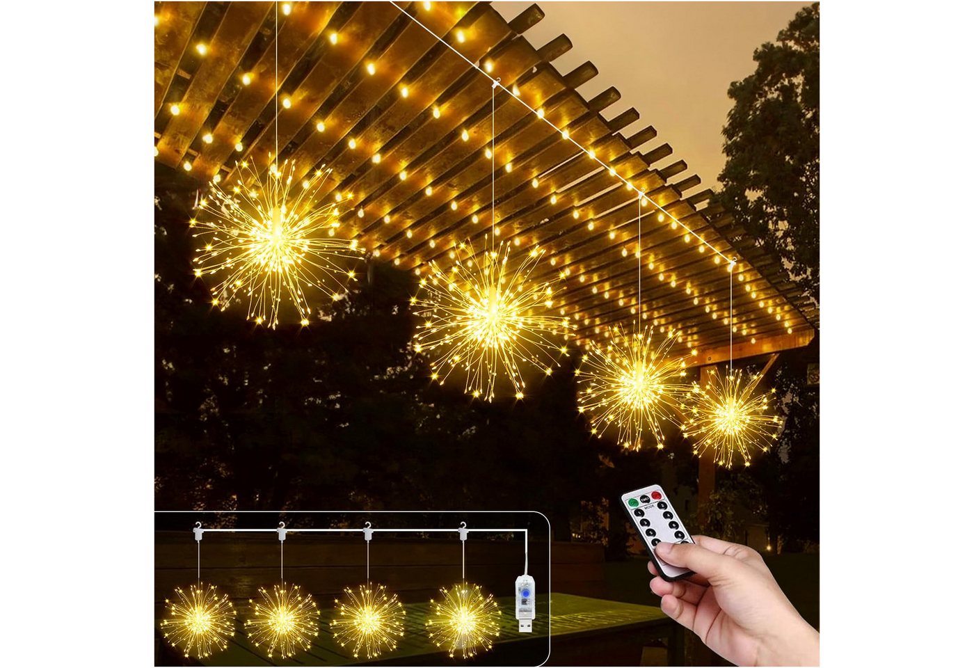 Sunicol LED-Lichterkette 4 Stück Wasserdicht Feuerwerk Lichterkette, 8 Modi mit Fernbedienung, 360/480 LEDs Weihnachtslicht Starburst für Außen Innen Party Hochzeit von Sunicol