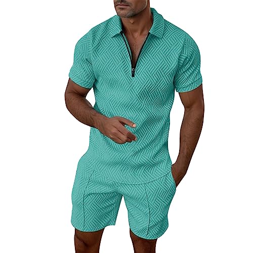 Herren Sommer Set, 2 Teiler Herren Sommer Outfit Zweiteiler Trainingsanzug Kurzarm Reißverschluss Poloshirt und Kurze Hose Set Kleidung Sportanzug Casual Jogginganzug Freizeitanzug Sport Anzug von Sunnyuk