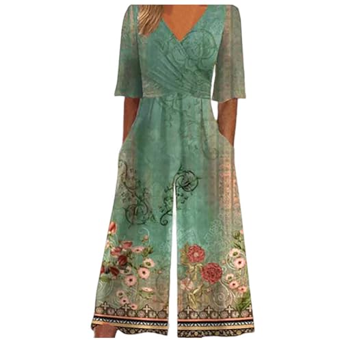 Overall Damen elegant festlich, Hosenanzug Festlich Lang Hosenkleid Weites Bein Jumpsuit Dam en Sommer Hochzeit Romper mit Gürtel V-Ausschnitt Playsuits Kurzarm Einteiler von Sunnyuk